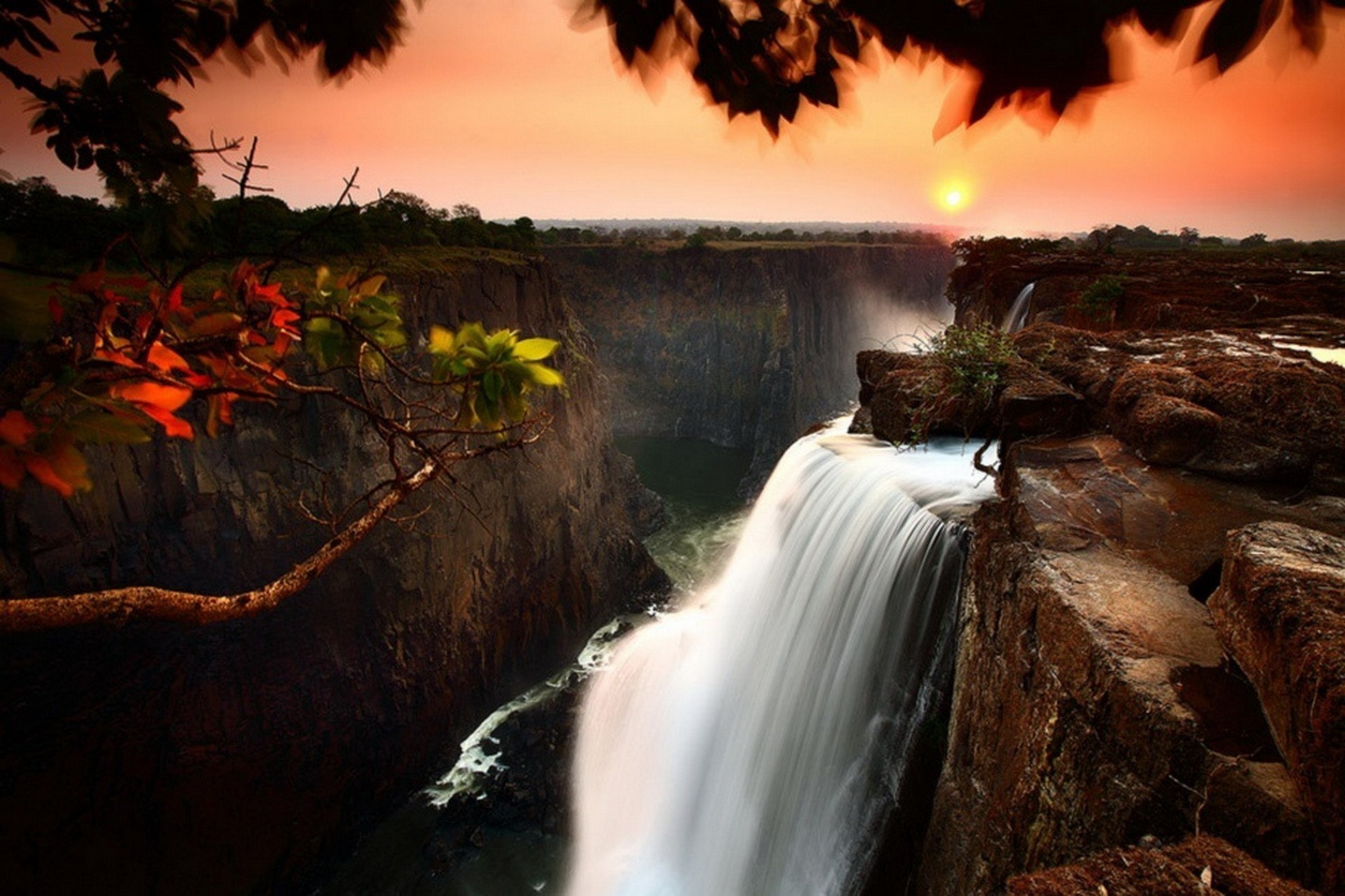 wasserfall sonnenuntergang schönheit sambia victoria falls canyon