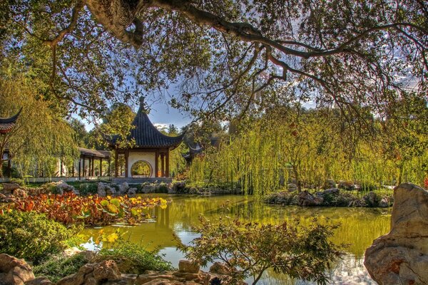 Pittoresco gazebo vicino allo stagno in Cina