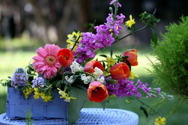 Beau bouquet de tulipes dans un panier