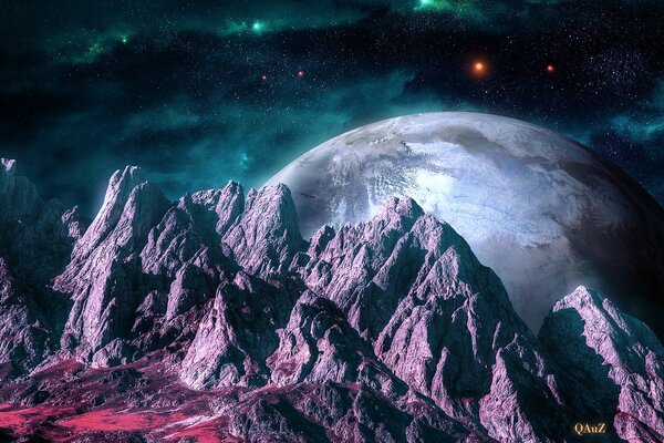 Mountains in galactic space against the background of the planet