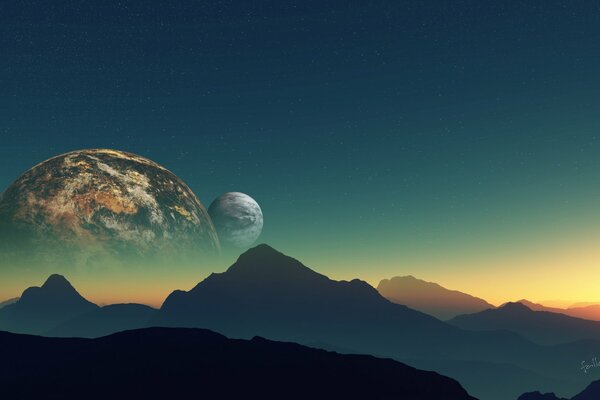 Kosmische Berglandschaft mit Planeten am Himmel