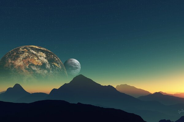 Cosmic mountain landscape with planets in the sky