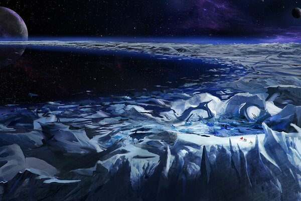 Un pianeta cosmico coperto di ghiaccio su cui camminano i viandanti