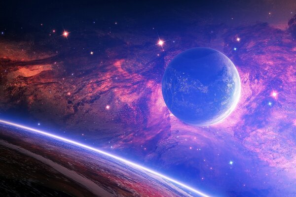 El espacio exterior emite un color azulado, iluminando los planetas