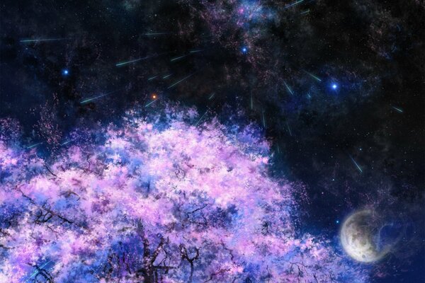 Arte árbol de Sakura bajo la lluvia de estrellas