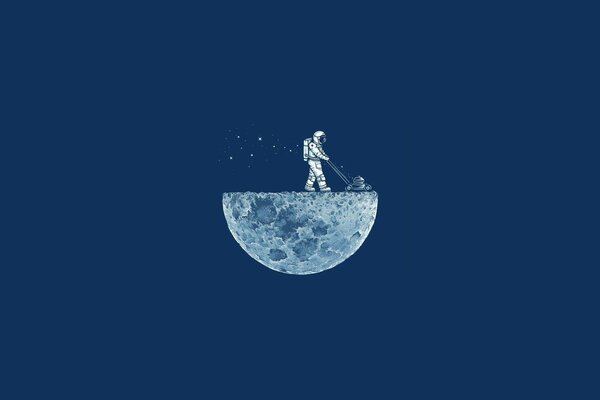 Космонавт косит траву на луне, минимализм