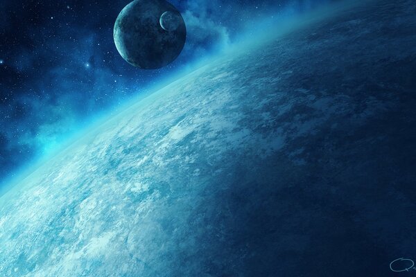 Imagen de dos planetas satélites en el fondo del planeta azul