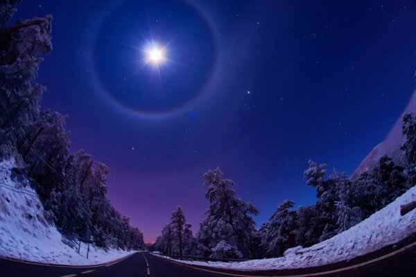 Wintermondschein und Sternenhimmel