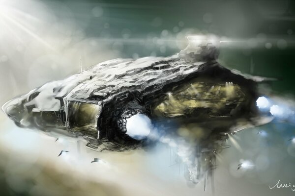 Fantasy Ein Raumschiff fliegt in den Andromeda-Nebel