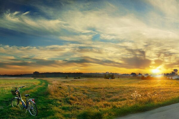 Ein vergessenes Fahrrad. Stille auf dem Feld