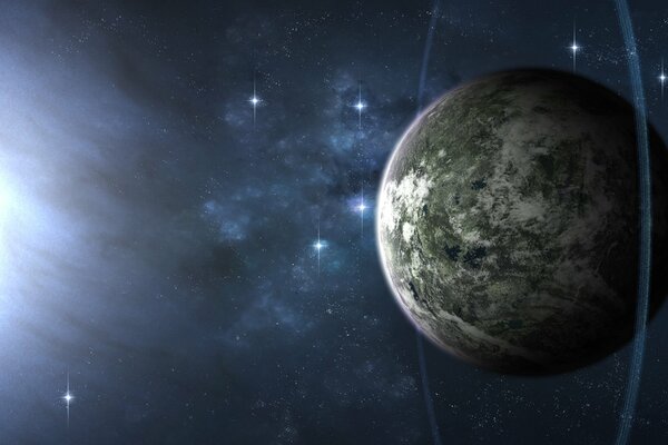 Ein grauer Planet mit einem blauen Ring im Weltraum