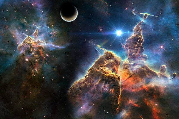 Art space nebula, stars and planet