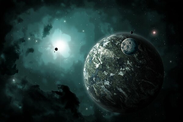 Il pianeta e la sua luna sullo sfondo dello spazio esterno e delle stelle