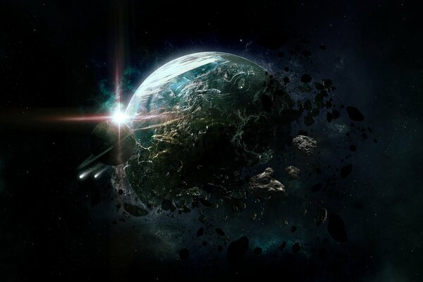 Destruction of a planet by an asteroid in space