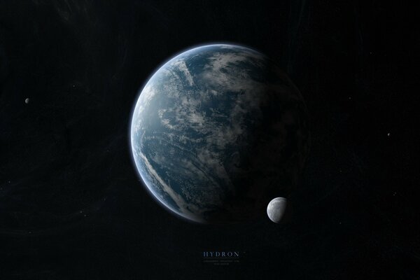 Der Planet hidron und sein Satellit vor dem Hintergrund der dunklen Unendlichkeit