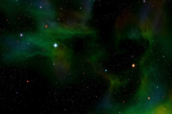 Сияющие звезда на фоне зелёного свечения в космосе