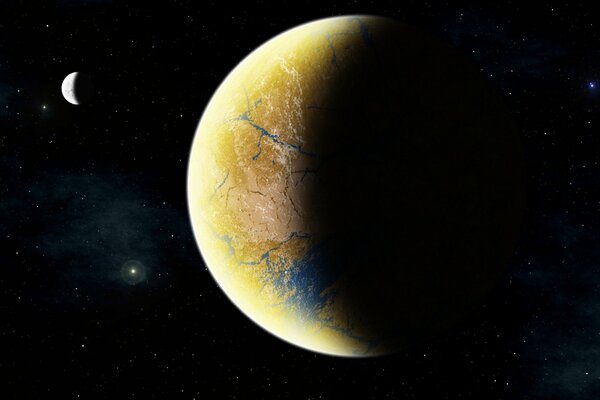 Un pianeta con una superficie gialla e un satellite in orbita