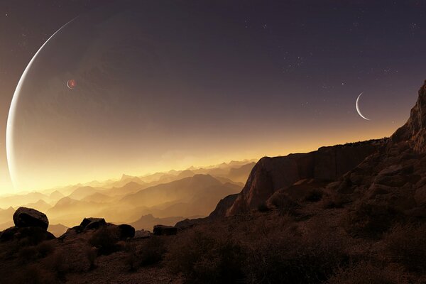 A rocky peak with a dawn moon background