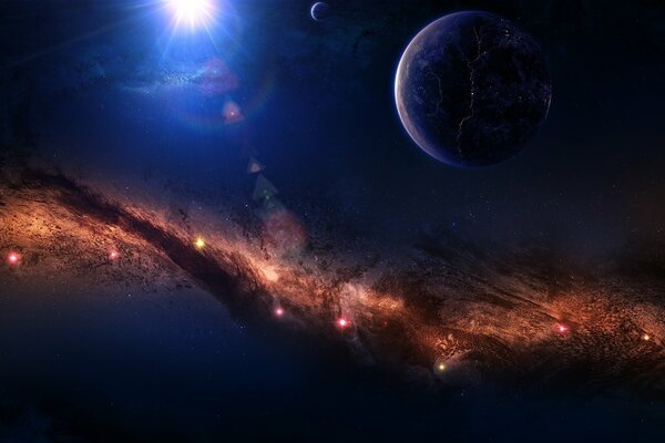 Bellissimo cosmo con nebulosa e pianeti