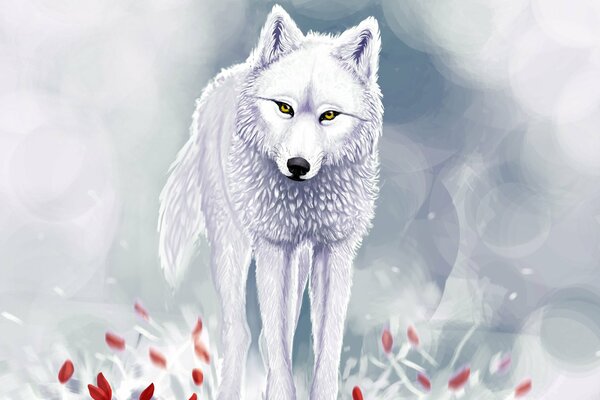 Loup blanc peint avec des fleurs rouges