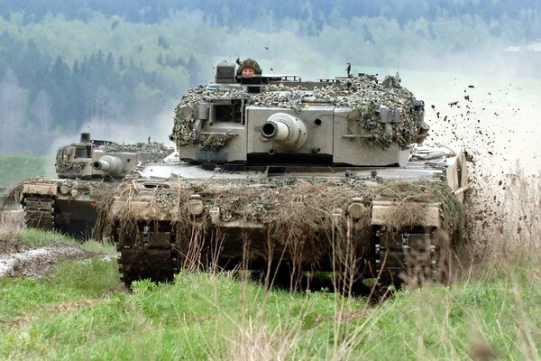 Un tanque disfrazado con soldados monta en el fondo del bosque