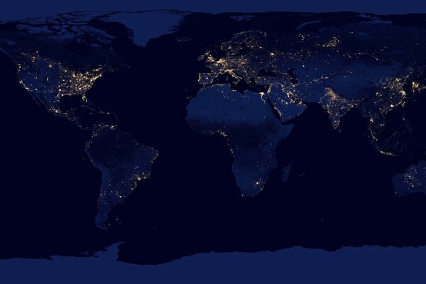 Imagen nocturna de los continentes en el mundo