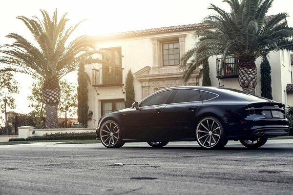 Black car on the background of a house and palm trees