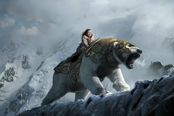 A girl riding a bear rides through the mountains