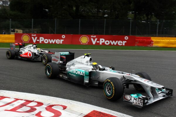 Driver Lewis Hamilton on the turn to victory
