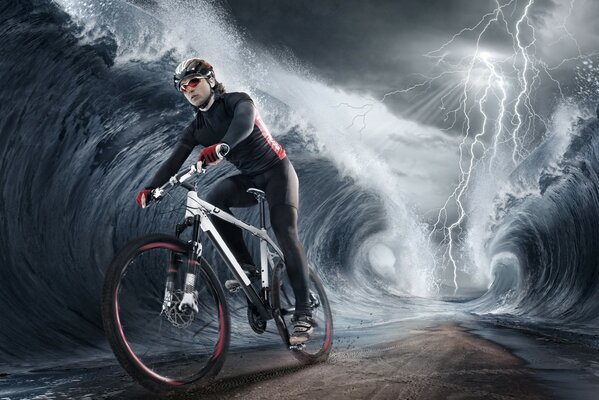 An athlete rides a bicycle away from lightning