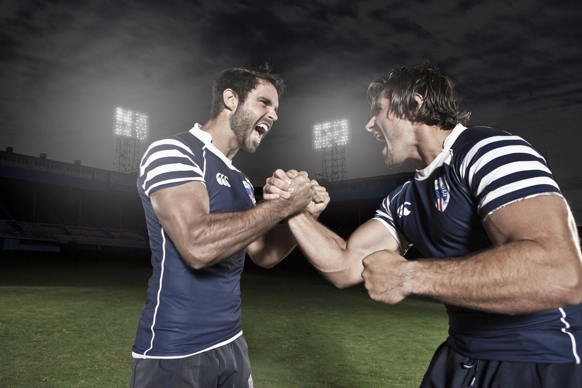 fútbol estadio uniforme hombres músculos saludo apretón de manos