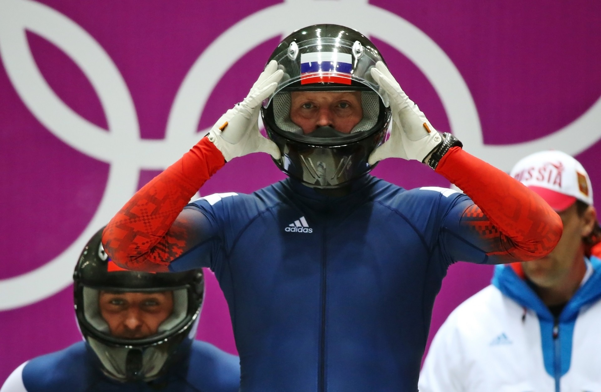 russia sochi 2014 xxii winter olympic games alexander zubkov alexey voevoda helmet sochi 2014 view two-time olympic champions bobsleigh goal