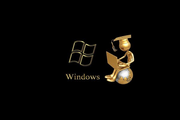 Emblema di Windows e vicino a un uomo con un computer portatile con un cappello divertente