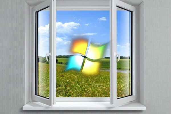 Windows-Emblem auf dem Hintergrund eines geöffneten Fensters