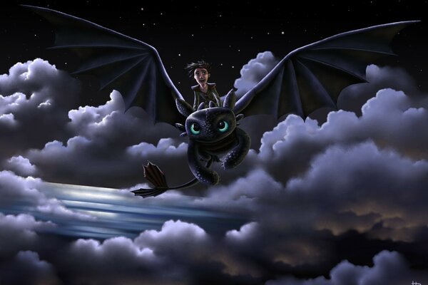 Night flight on a black dragon in the clouds