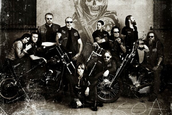 Anarchisten-Biker-Club. Schwarz-Weiß-Fotografie