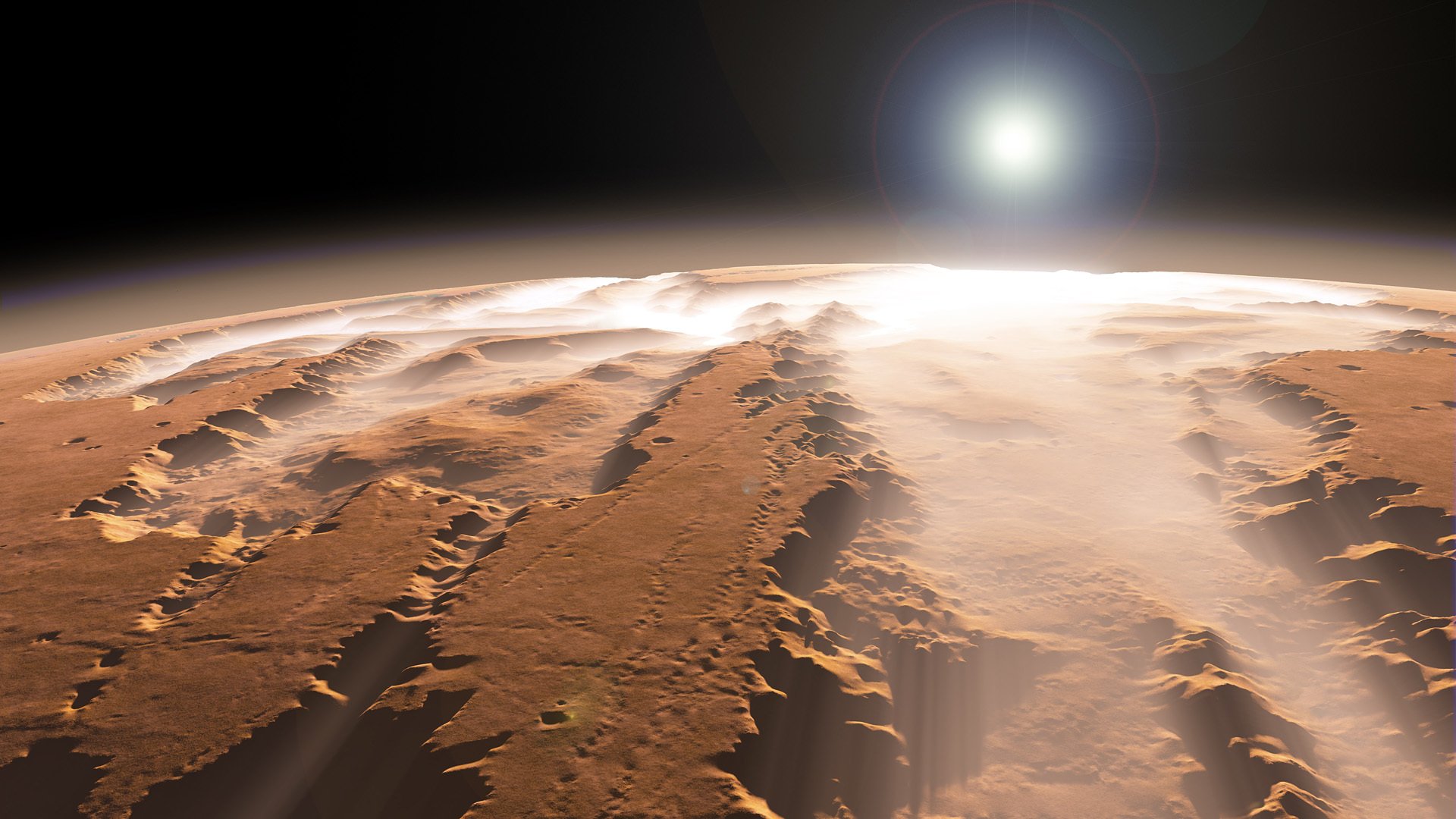mars canyon sonne nebel planet