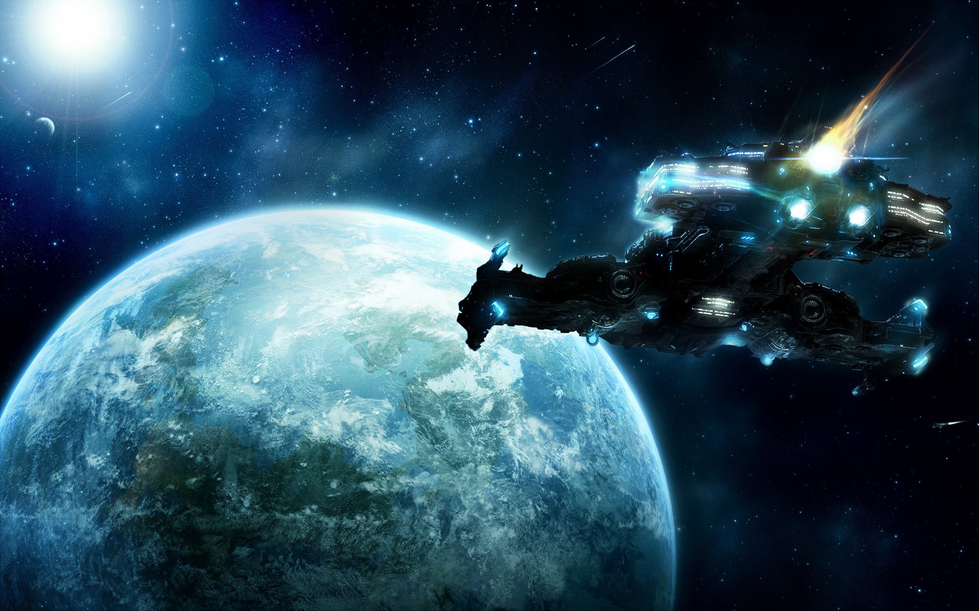 markpaulk art spaceship sc2 planet earth space comet