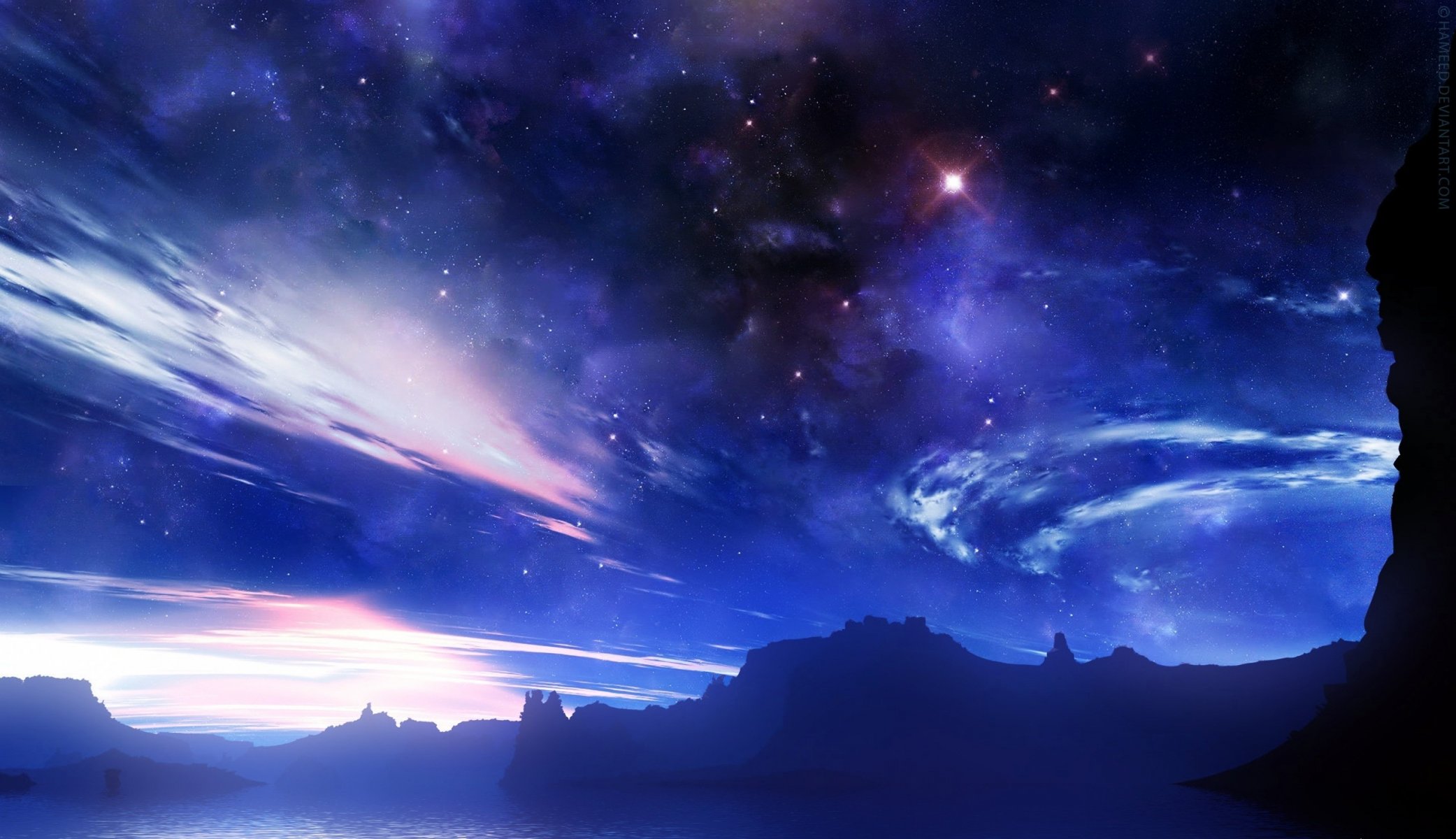 espace ciel étoiles lumières nuages lueur brouillard