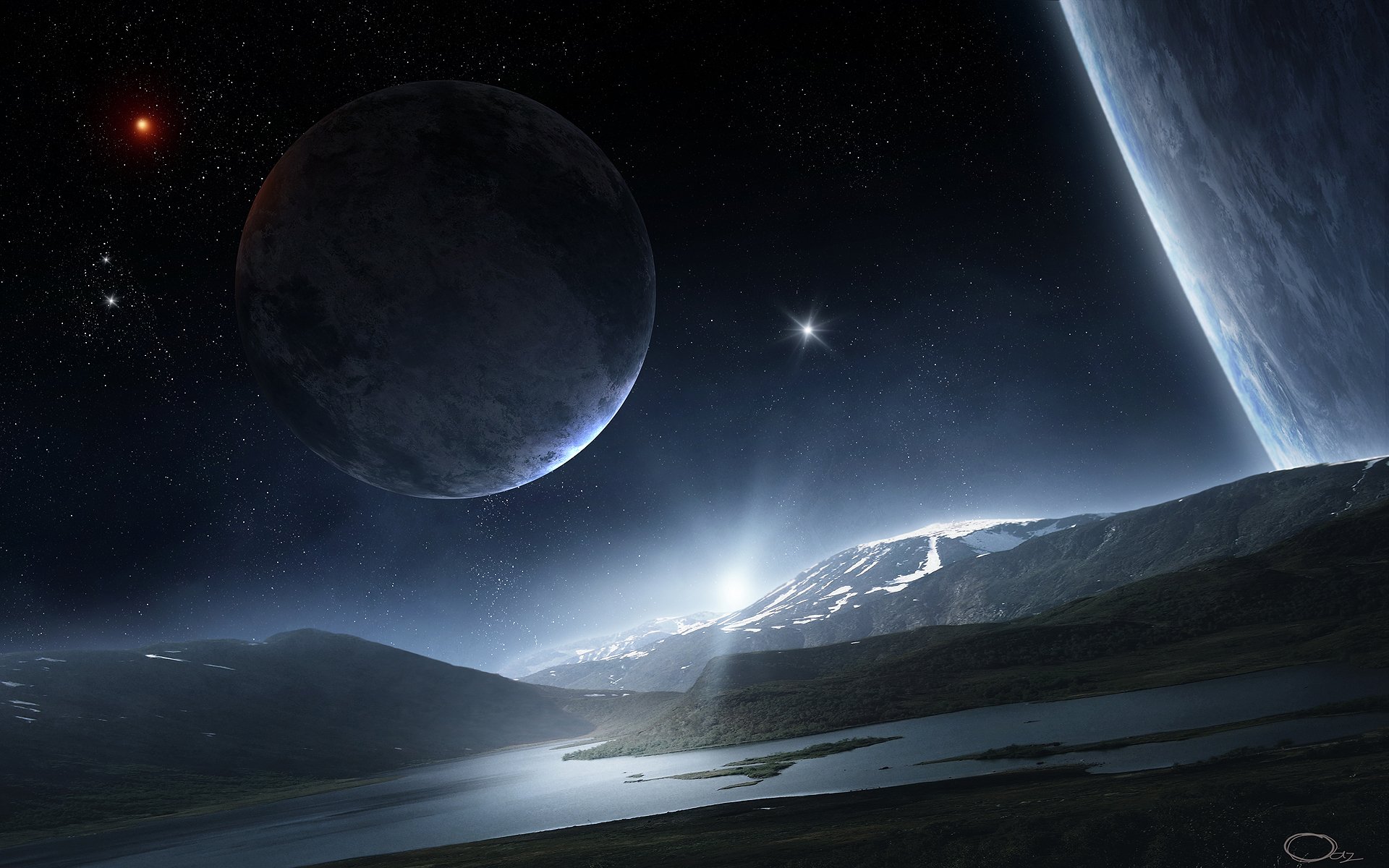 kunst raum planet sterne landschaft oberfläche satellit berge fluss hügel wasser