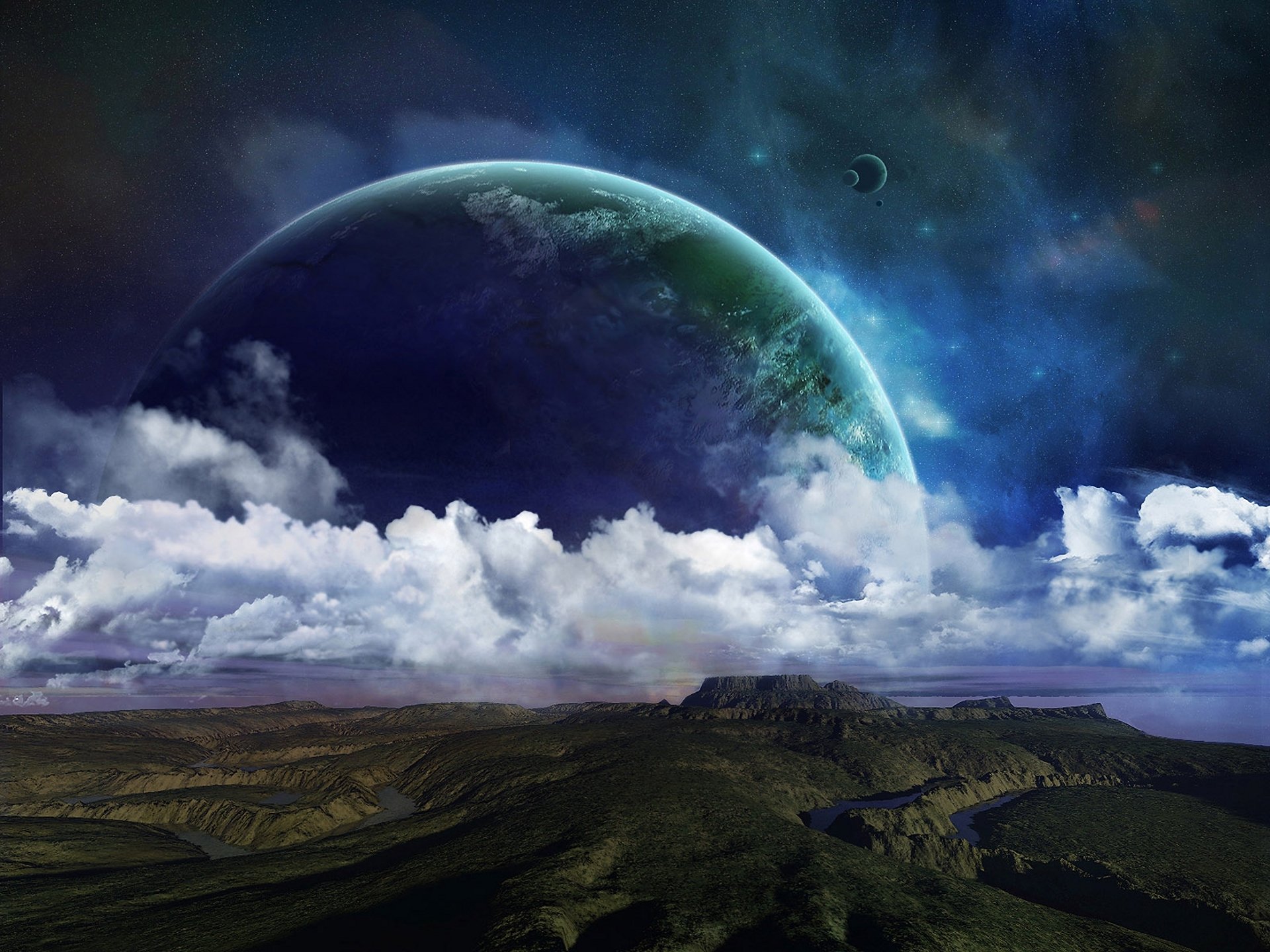 planet clouds relief surface river hills satellites star