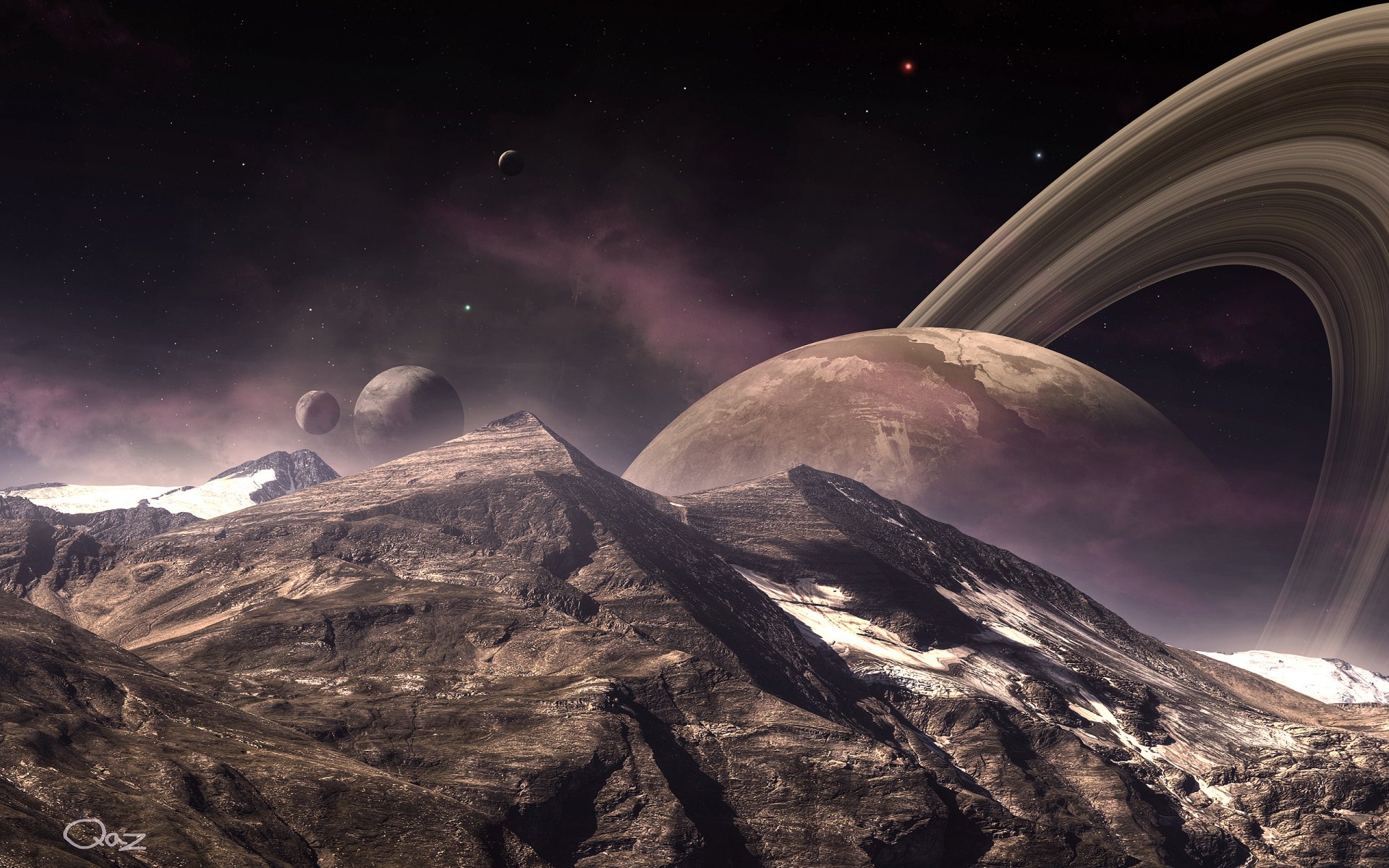 mountain peak planet rings landscape satellite