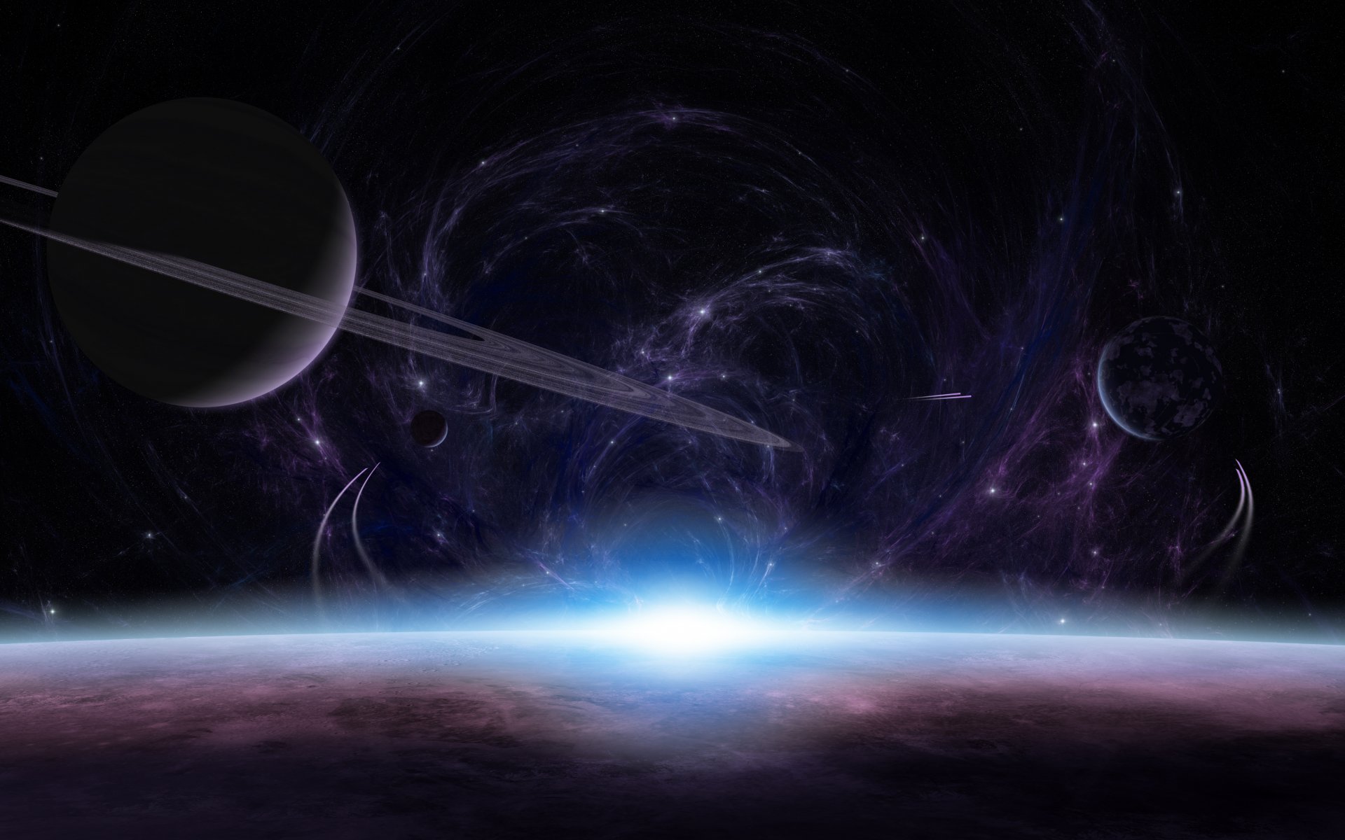 world atmosphere surface sunrise light rings satellites star nebula spaceship