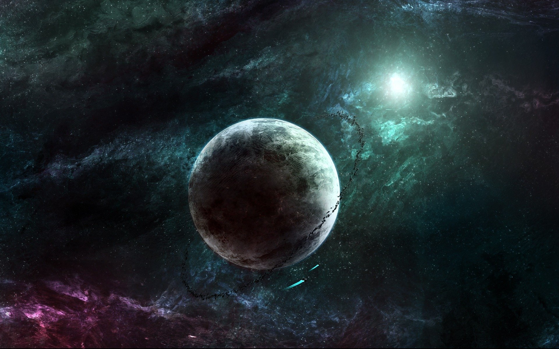 espacio planeta nebulosa colores flash naves espaciales anillo asteroides universo abismo