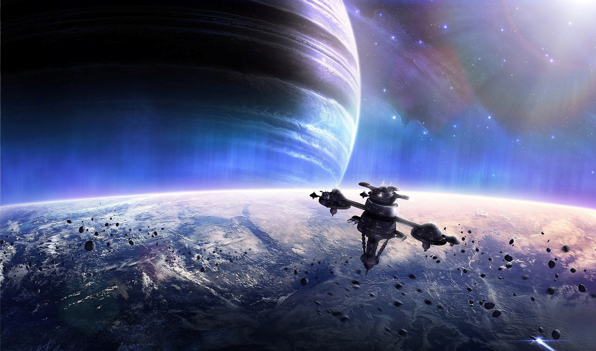 planète aurore météorites navire