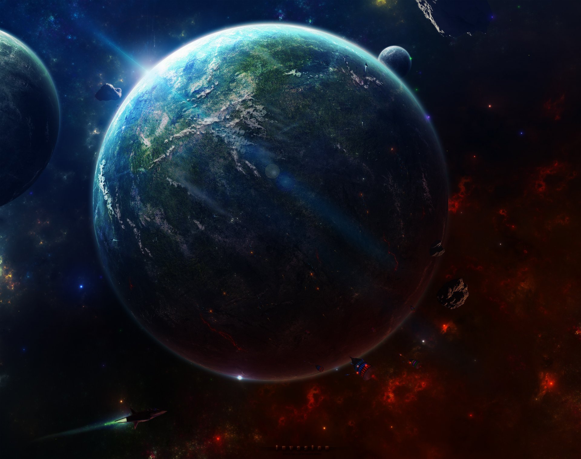 world satellites star light spaceships asteroids civilization