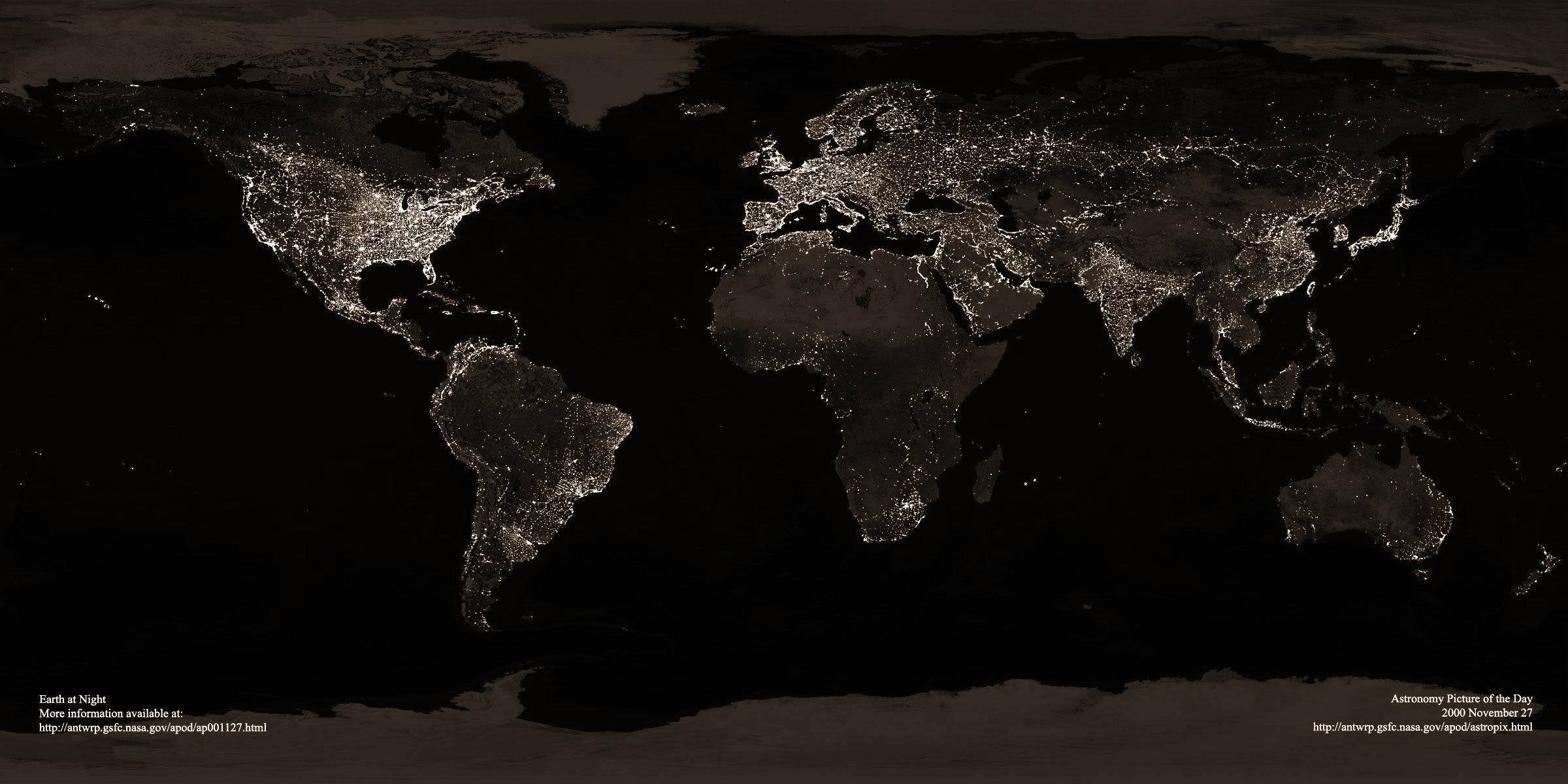 terre nuit lumières villes pays continents océans