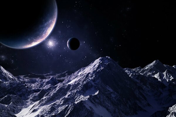Planetas con una estrella brillante sobre las montañas