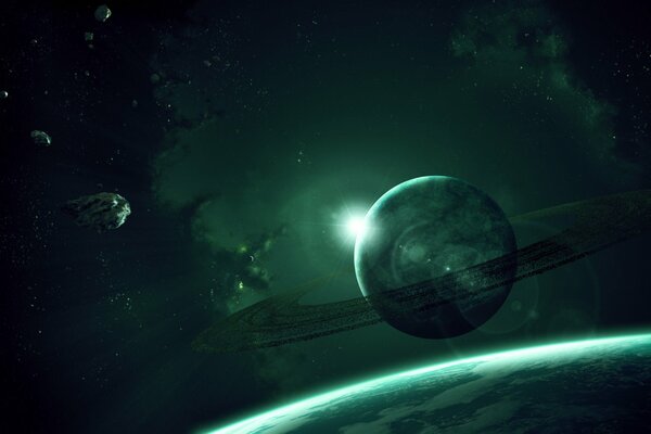 A planet with gas rings in space