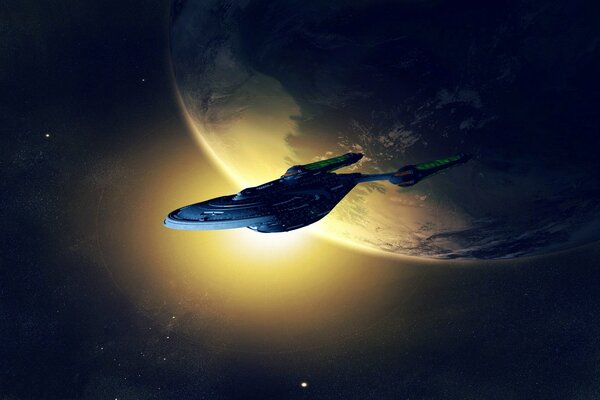 A Star Trek spaceship flying near the planet